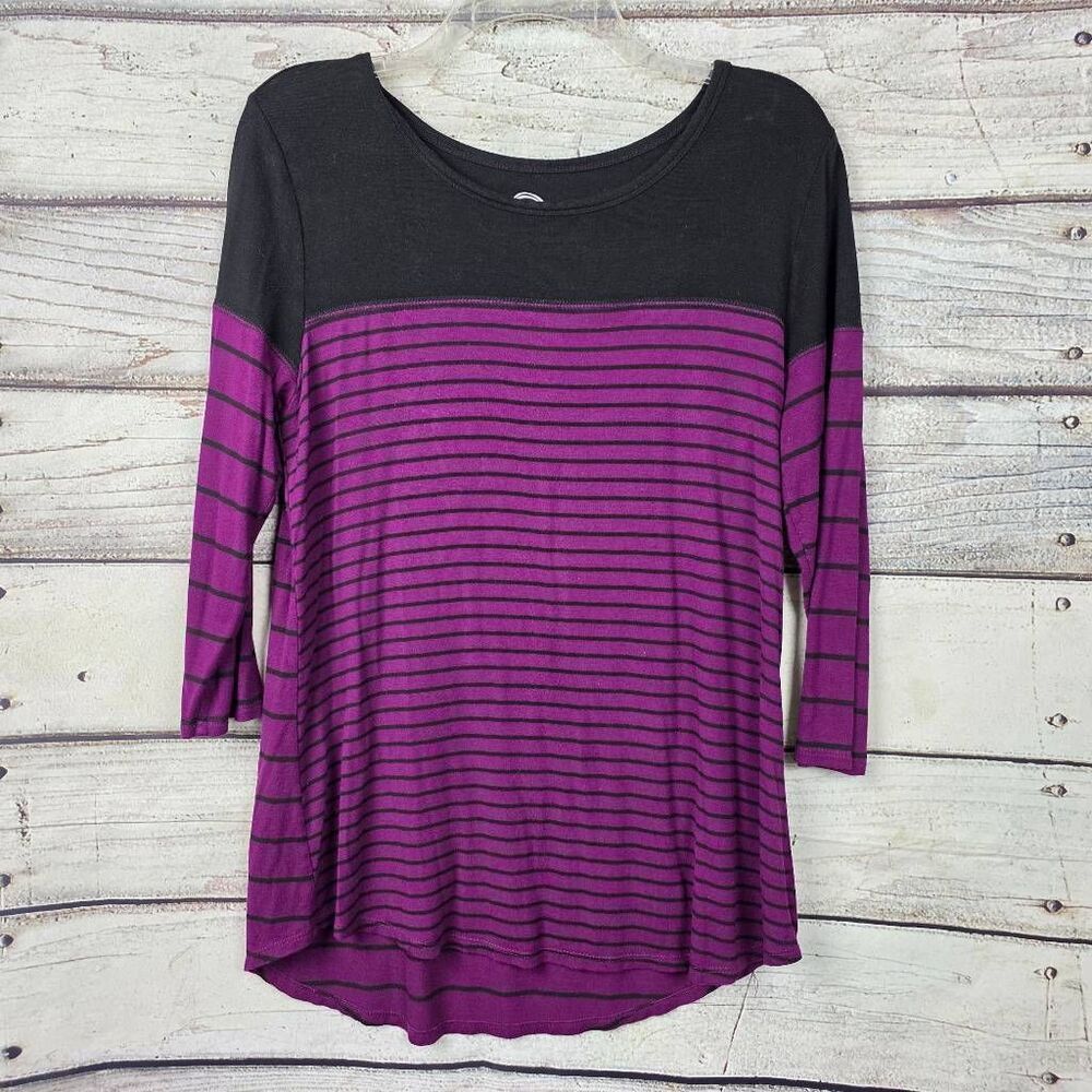 Maurices 24/7 Striped Top Purple Black 3/4 Sleeve Medium